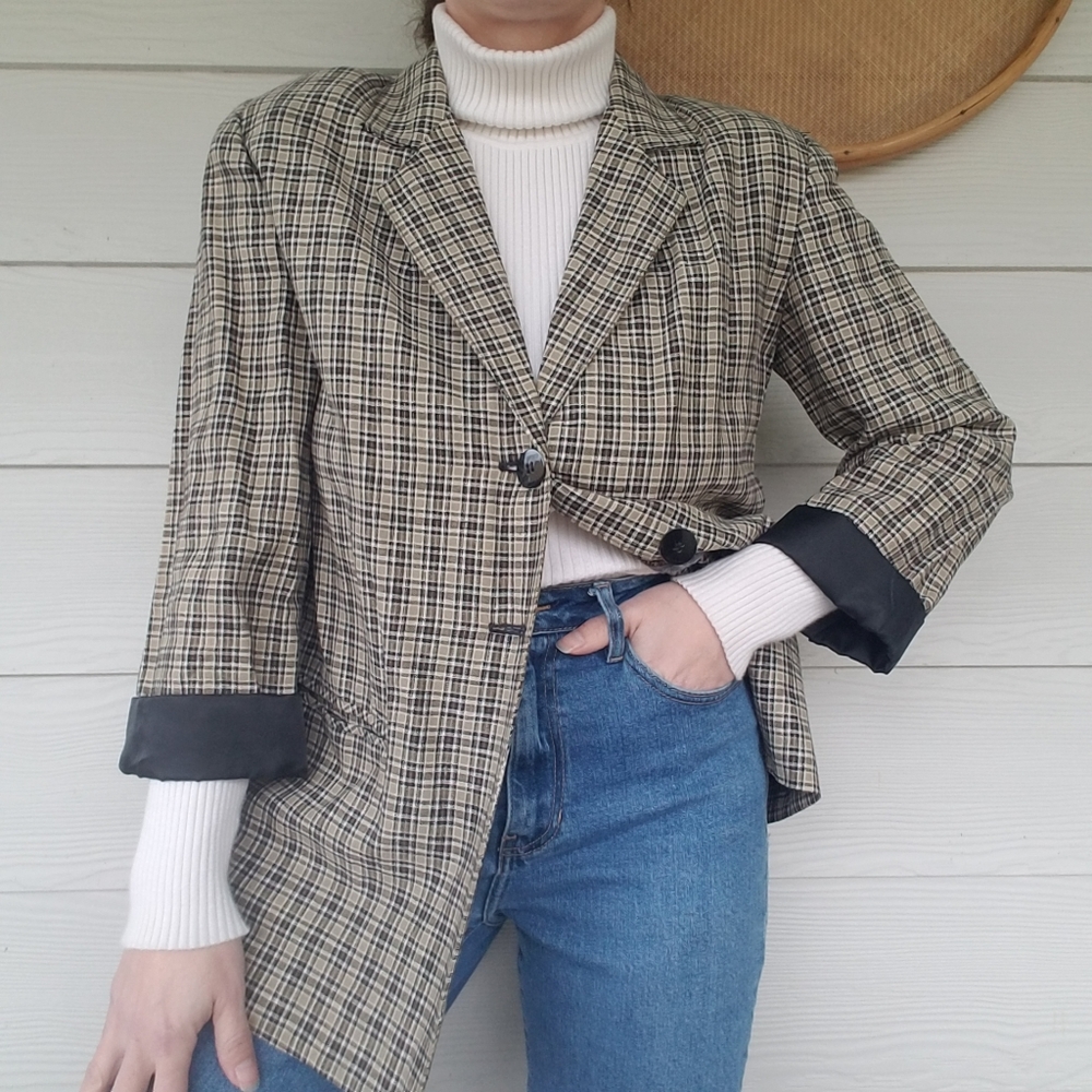 Vintage 80's Linen Rayon Academia Blazer Heathers Shoulder Pads Satin Cuffed